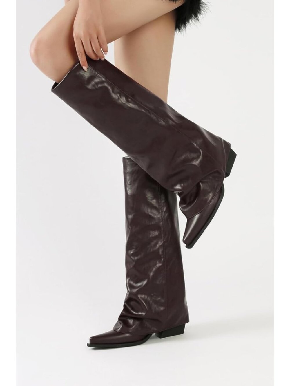 Women's Brown Faux Leather Fold Over Knee High Wide Calf Chunky Heel Long Boots - Picture 2 of 6